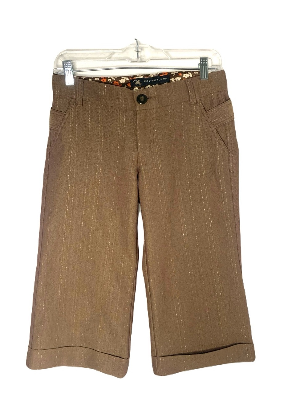 Vintage Y2K Early 2000s 27 Tan Brown Gold Pin-Stripe Cuffed Capri Short Pants